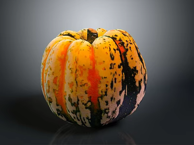 Colorful Striped Spotted Pumpkin With Yellow Orange Black Green Hues On Black Background With Reflection 3d model