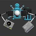 3D Blue Robot Model Featuring Dual Speakers Turntables Control Panel And Wheeled Base
