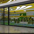 Bright Store Interior Display With Stacked Golden Products And Green Logo Shelves