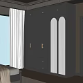 Modern Gray Wardrobe With Glass Door Brass Handles And Clothes Hanging In Bright Bedroom