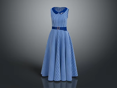 Women's Blue Striped Sleeveless A-line Dress With Collar And Belt 3d model