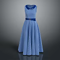 Women's Blue Striped Sleeveless A-line Dress With Collar And Belt