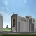 European Architectural Building with Clock Tower Crosses Stained Glass Dome Columns Green Lawn and Trees