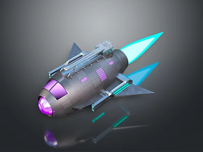 Futuristic Space Rocket with Purple Cockpit and Blue Thrusters in Gray Body for Space Exploration 3d model