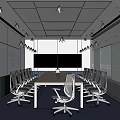 Contemporary Meeting Room Interior With Long Table White Chairs Blue Carpet Whiteboard And Large Screen