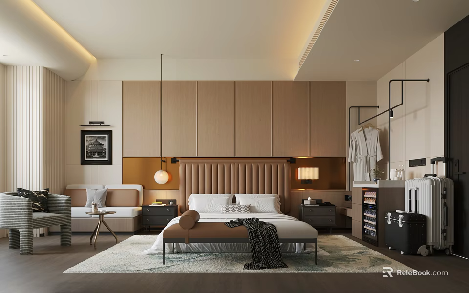 Hotel Guest Room With Upholstered Headboard Bed Wooden Wardrobes Sofa Warm Lighting And Cozy Rug 3d model 