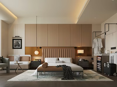 Hotel Guest Room With Upholstered Headboard Bed Wooden Wardrobes Sofa Warm Lighting And Cozy Rug 3d model