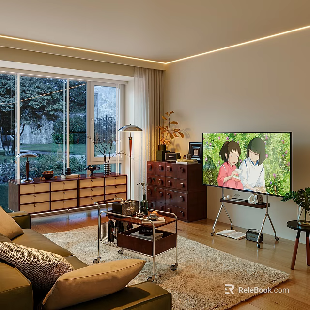 Modern Living Room Interior With Sofa TV Large Windows Wooden Cabinet And Carpet 3d model 