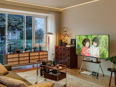 Modern Living Room Interior With Sofa TV Large Windows Wooden Cabinet And Carpet 3d model