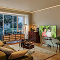 Modern Living Room Interior With Sofa TV Large Windows Wooden Cabinet And Carpet