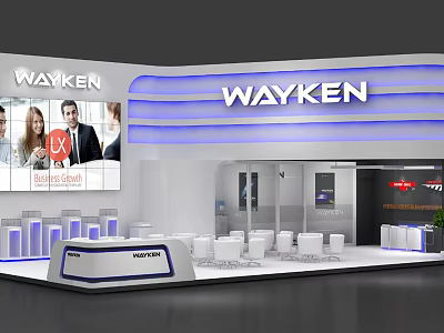 WAYKEN Exhibition Booth With White And Blue Design Display Screens And White Tables 3d model