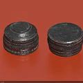 Two Black Round Patterned Decorative Kitchenware Pieces on Red Background