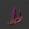 Wooden Model Ship With Two Masts Red Sails And Wooden Hull Design