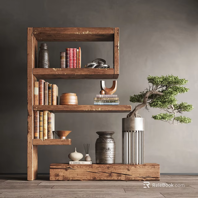 Wooden Display Cabinet With Shelves Holding Books Decorative Items And Bonsai Plant 3d model 
