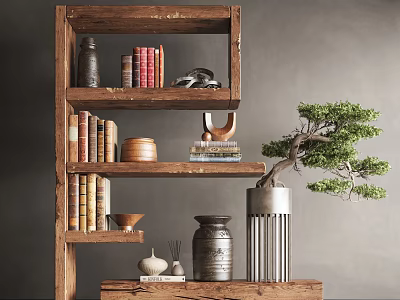 Wooden Display Cabinet With Shelves Holding Books Decorative Items And Bonsai Plant 3d model