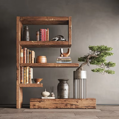 Wooden Display Cabinet With Shelves Holding Books Decorative Items And Bonsai Plant 3d model