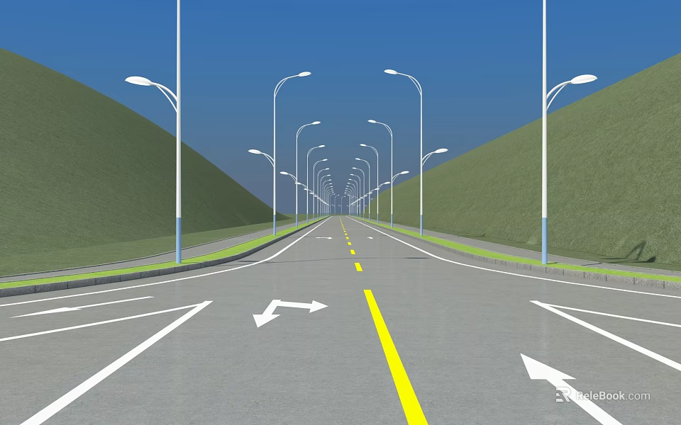 Asphalt Road with Street Lamps Arrow Markings Yellow Dividing Line and Green Hillsides 3d model 