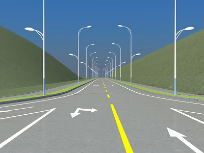 Asphalt Road with Street Lamps Arrow Markings Yellow Dividing Line and Green Hillsides 3d model