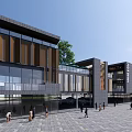 Modern Commercial Street Featuring Contemporary Architecture Large Glass Windows Trees And Pedestrians