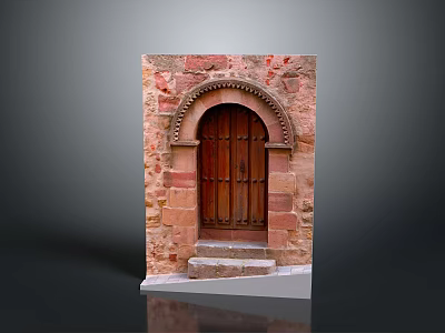 Arch Wooden Door In Stone Wall With Historic Entrance And Steps 3d model