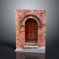 Arch Wooden Door In Stone Wall With Historic Entrance And Steps