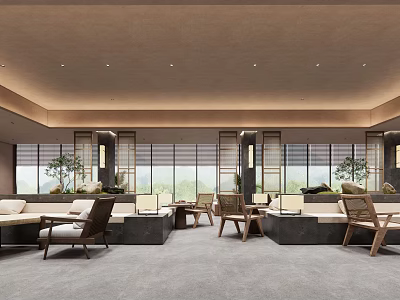 Modern Hotel Lobby Interior Design With Sofa Seating Wooden Tables And Green Plants 3d model
