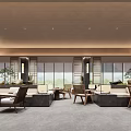 Modern Hotel Lobby Interior Design With Sofa Seating Wooden Tables And Green Plants