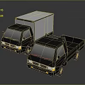 3D Designed Black Trucks With Box And Flatbed Bodies On Gray Background