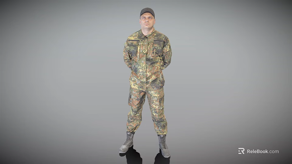 Military Man in Camouflage Uniform Wearing Cap with Hands Behind Back Against Grey Background 3d model 