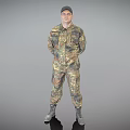 Military Man in Camouflage Uniform Wearing Cap with Hands Behind Back Against Grey Background