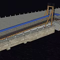 Industrial Bridge Featuring Yellow Metal Structure Blue Canopy And Stone Wall Over River