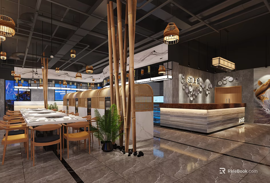 Modern Hotpot Restaurant Interior With Open Dining Area Bamboo Decor And Lantern Lighting 3d model 