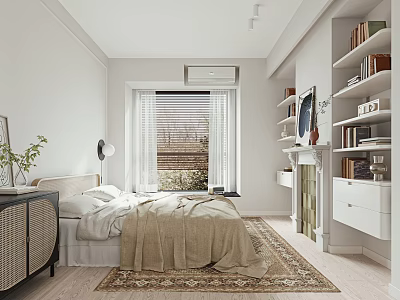 Cozy Bedroom Interior Featuring Beige Blanket White Pillows Potted Plant Window Blinds And Area Rug 3d model