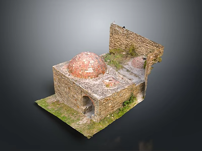 Ancient Stone Structure Model With Red Dome And Stone Walls On Grass Ground 3d model