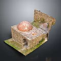 Ancient Stone Structure Model With Red Dome And Stone Walls On Grass Ground