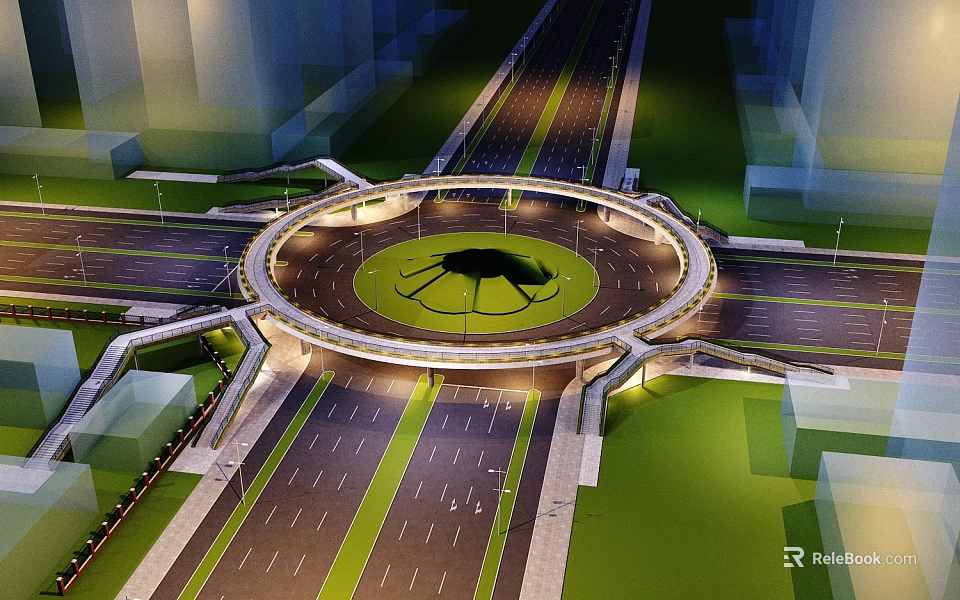 Modern Illuminated Circular Bridge Connecting Urban Roads With Green Central Area 3d model 