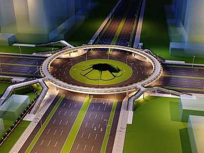 Modern Illuminated Circular Bridge Connecting Urban Roads With Green Central Area 3d model