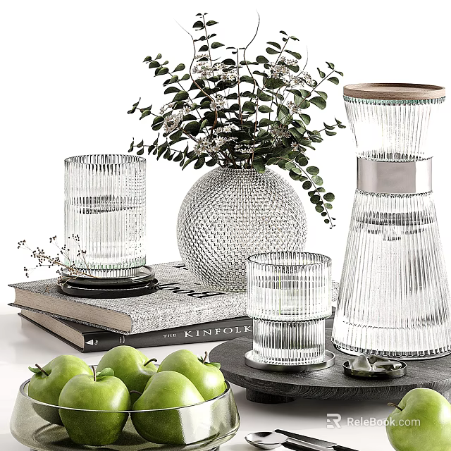 Stylish Decorative Ornament Set with Glassware Spherical Vase Green Foliage Books and Green Apples 3d model 
