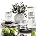 Stylish Decorative Ornament Set with Glassware Spherical Vase Green Foliage Books and Green Apples