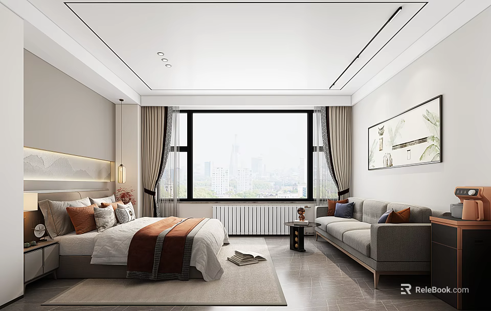 Modern Hotel Guest Room With Comfortable Bed Sofa Large Window And City View 3d model