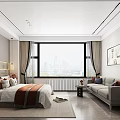 Modern Hotel Guest Room With Comfortable Bed Sofa Large Window And City View 3d model