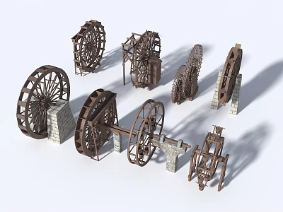 Garden Ornaments With Wooden Waterwheels And Stone Bases For Outdoor Garden Decoration 3d model