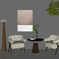 Leisure Sofa Set Including Beige Chairs Dark Coffee Table Wall Art Floor Lamp Green Plant