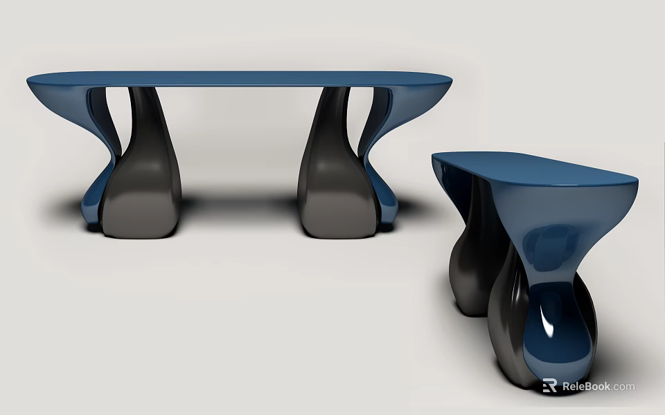 Modern Sleek Curved Coffee Table Set With Blue Black Finish And Unique Design 3d model 