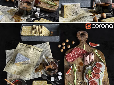 Assorted Cheese Crackers Salami Figs Coffee and Rosemary on Wooden Board with Nuts 3d model