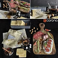 Assorted Cheese Crackers Salami Figs Coffee and Rosemary on Wooden Board with Nuts
