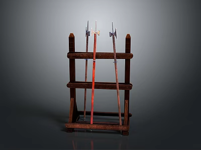 Traditional Metal Spears Placed on Wooden Display Rack with Classic Design 3d model