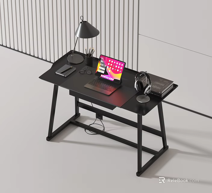 Modern Black Desk Setup With Laptop Headphones Desk Lamp Smartphone And Stationery 3d model 