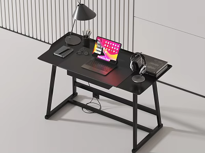 Modern Black Desk Setup With Laptop Headphones Desk Lamp Smartphone And Stationery 3d model