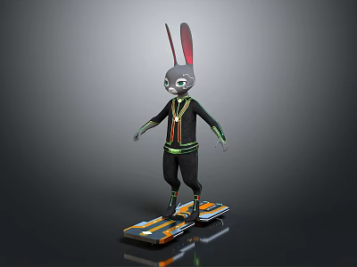 3D Gray Rabbit Character With Long Ears In Black Colorful Outfit On Striped Skateboard 3d model